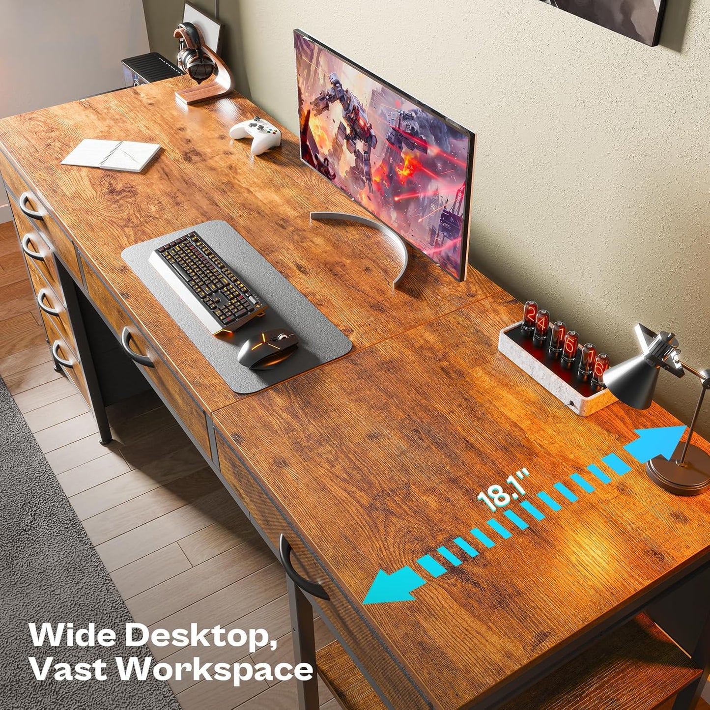 Huuger Computer Desk with 6 Drawers, 63 Inch Office Desk with Shelves, Reversible Gaming Desk, Corner Desk with Storage, for Home Office, Study, Living Room, Rustic Brown