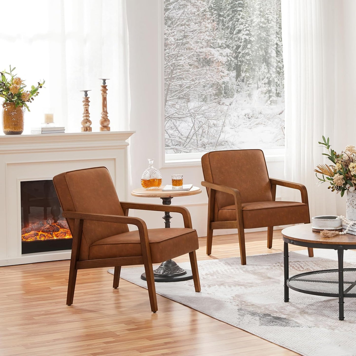 Yaheetech PU Leather Accent Chair, Mid-Century Modern Barrel Chair with Wooden Frame and Soft Thick Padded for Living Room Bedroom Home Office, Light Brown