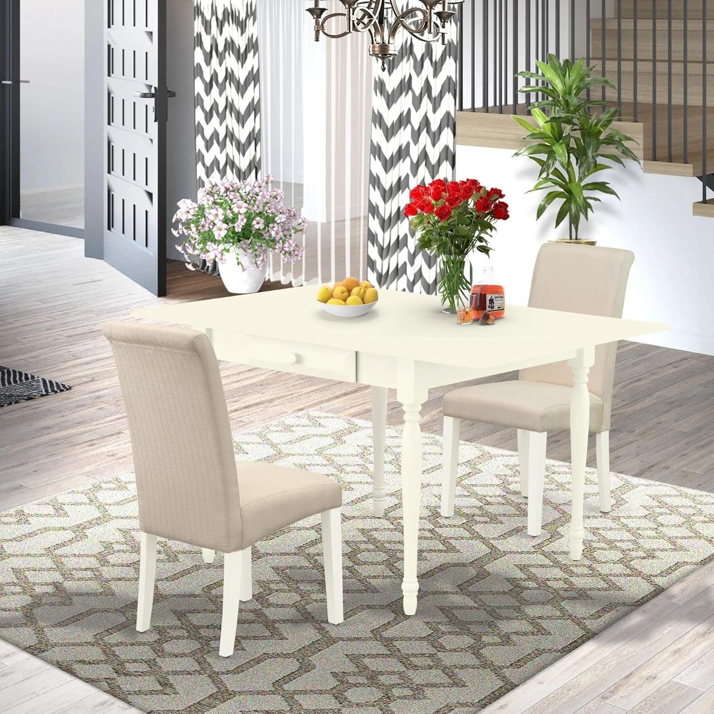 East West Furniture MZBA3-LWH-01 3 Piece Dining Room Table Set Contains a Rectangle Kitchen Table with Dropleaf and 2 Cream Linen Fabric Parson Dining Chairs, 36x54 Inch, Linen White