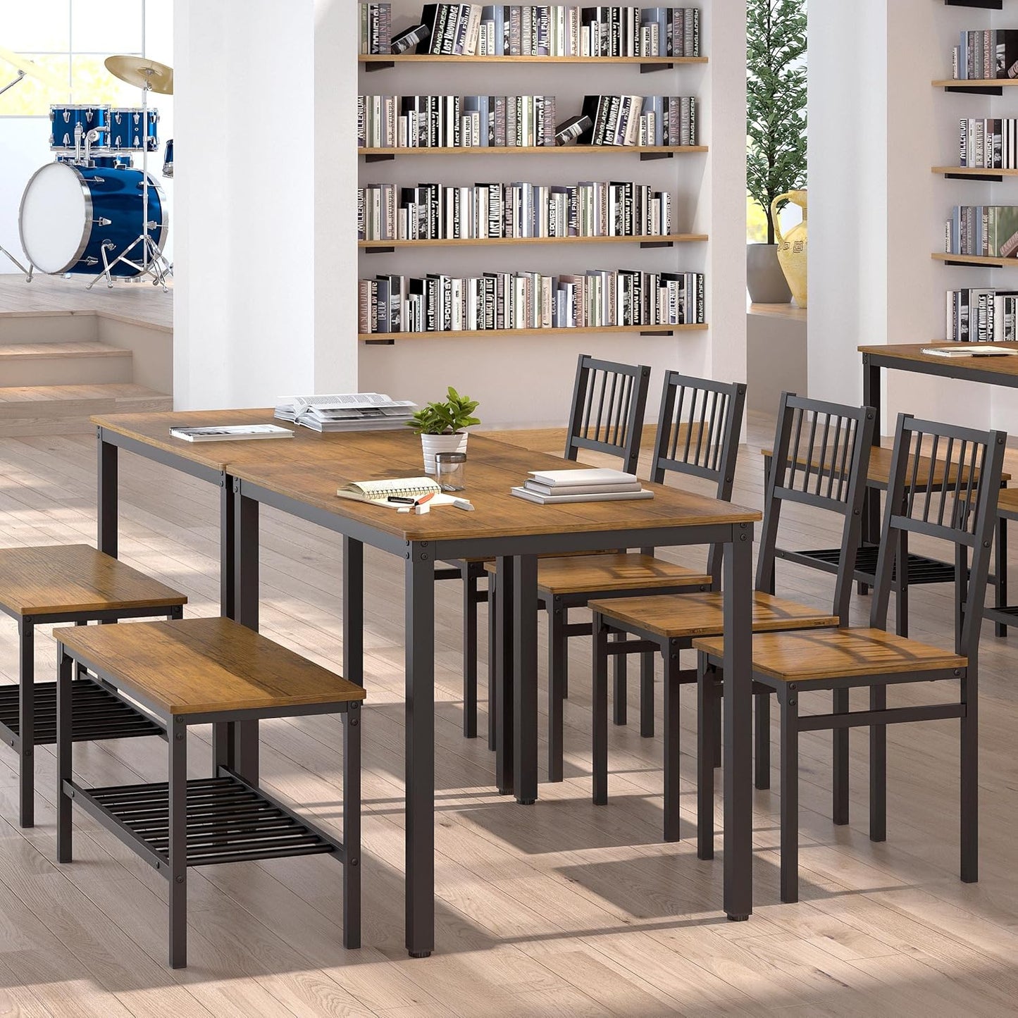 Teraves Dining Table Set for 4/Computer Desk,Kitchen Table with 2 Chairs and a Bench,Table and Chairs Dining Room Set 4 Piece Set for Dining Room (Teak, 120CM)