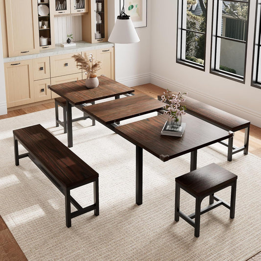 5 Pieces Dining Room Table Set for 4-6, 63' Extendable Kitchen Table Set with 2 Benches & 2 Stools, Small Dining Table Set with Metal Frame & MDF Board, Espresso