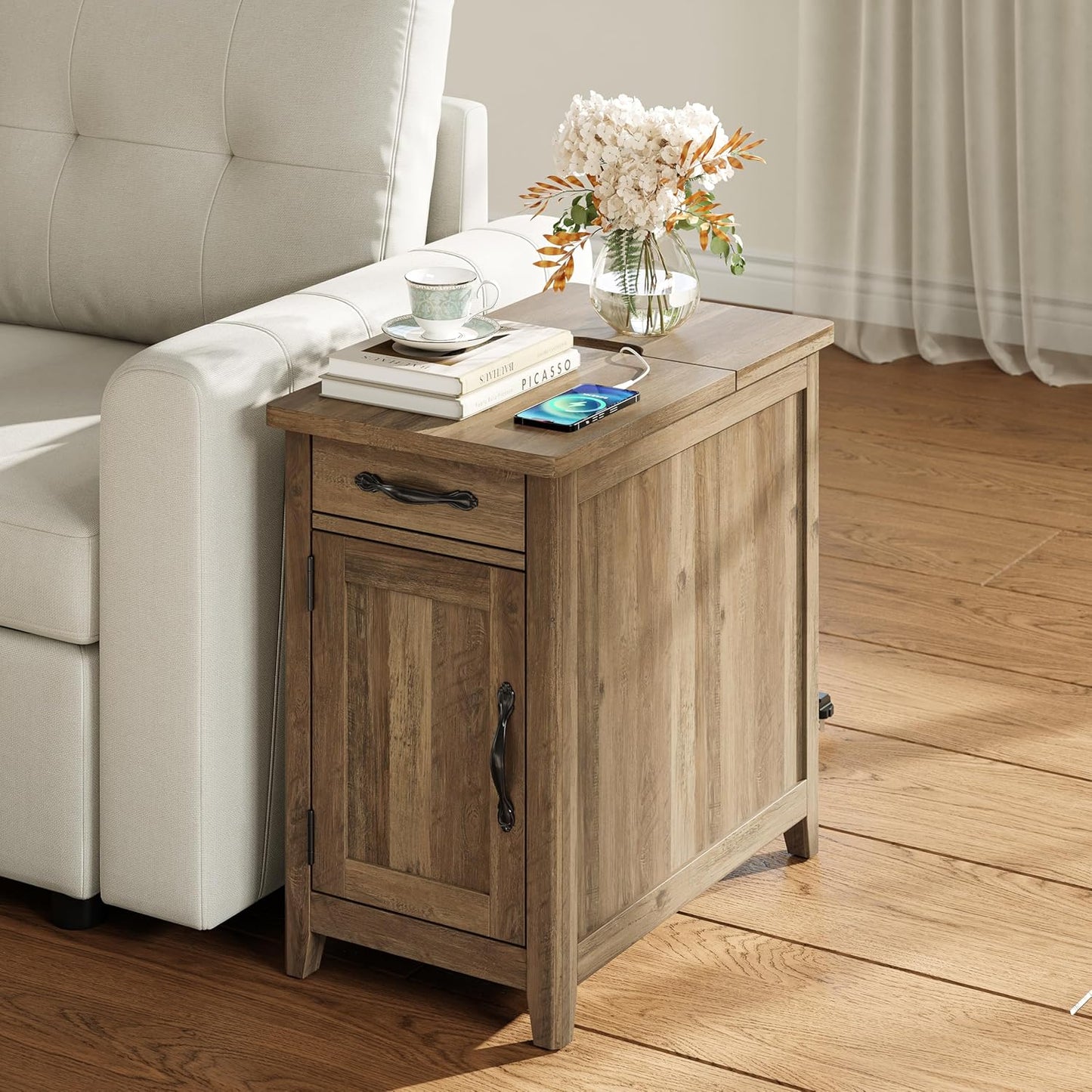 LINSY HOME End Table Set of 2 with Charging Station, Modern Farmhouse Sofa Couch Side Table, Wooden Bedside Table for Living Room Bedroom, Narrow Nightstand with Storage for Small Space, Brown