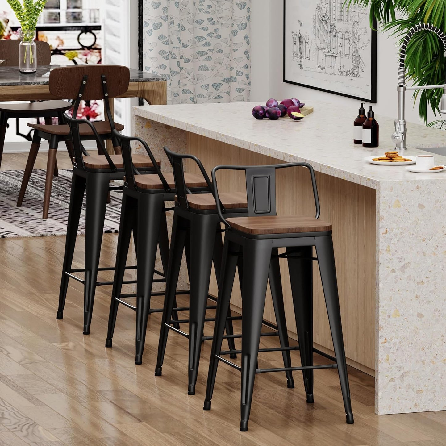 Yongchuang 24" Metal Barstools Set of 4 Counter Bar Stools with Wood Top Low Back Matte Black