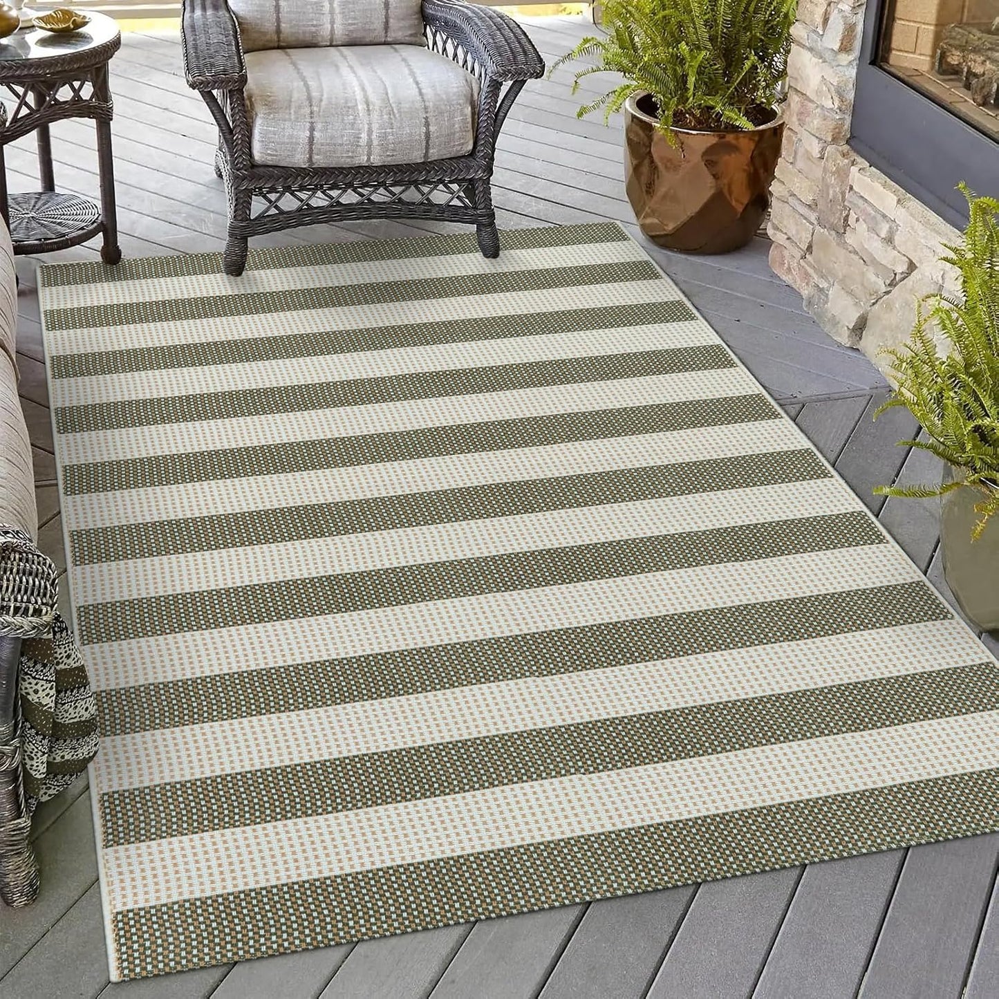 OJIA Striped Outdoor Area Rug 4'x6' Washable Patio Rugs Cotton Woven Living Room Rug Farmhouse Indoor Outdoor Rugs Large Floor Carpet for Courtyard/Bedroom/Entryway (Green/White/Tan)