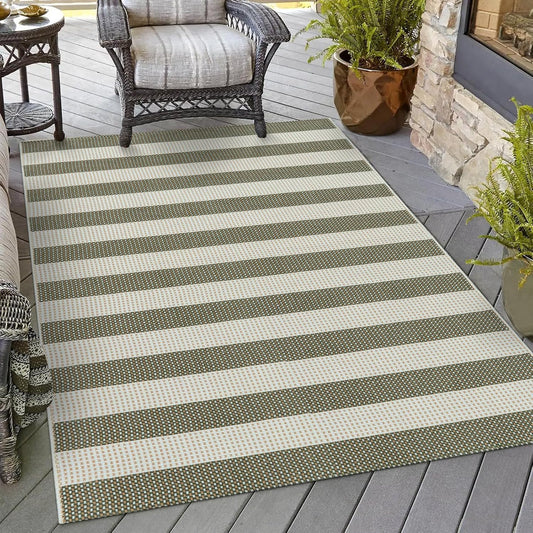 OJIA Striped Outdoor Area Rug 4'x6' Washable Patio Rugs Cotton Woven Living Room Rug Farmhouse Indoor Outdoor Rugs Large Floor Carpet for Courtyard/Bedroom/Entryway (Green/White/Tan)
