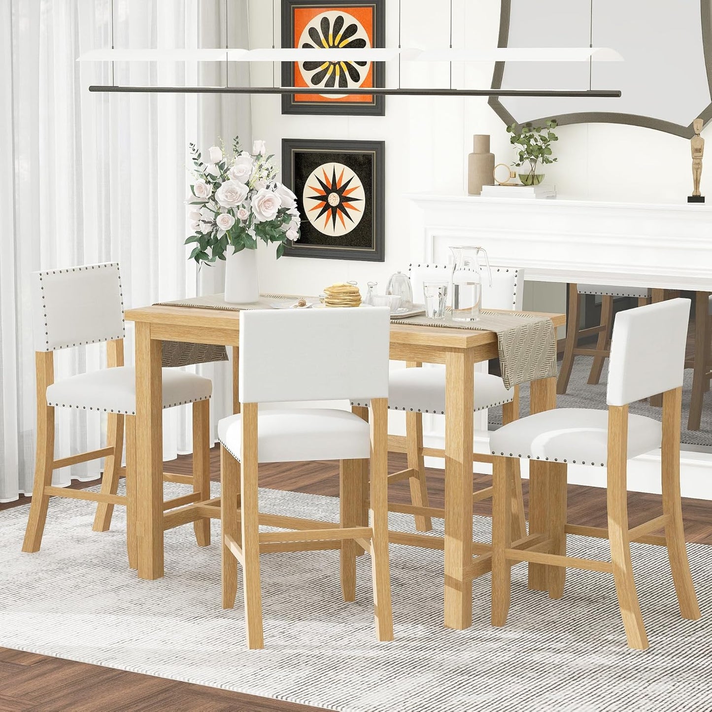 Ball & Cast 5 Piece Wood Dining Table Set with 4 Upholstered Chairs,Kitchen Table and Chairs for 4 W/ 52" Rectangle Desk,for Restaurant,Home Bistro,Natural Wood Wash