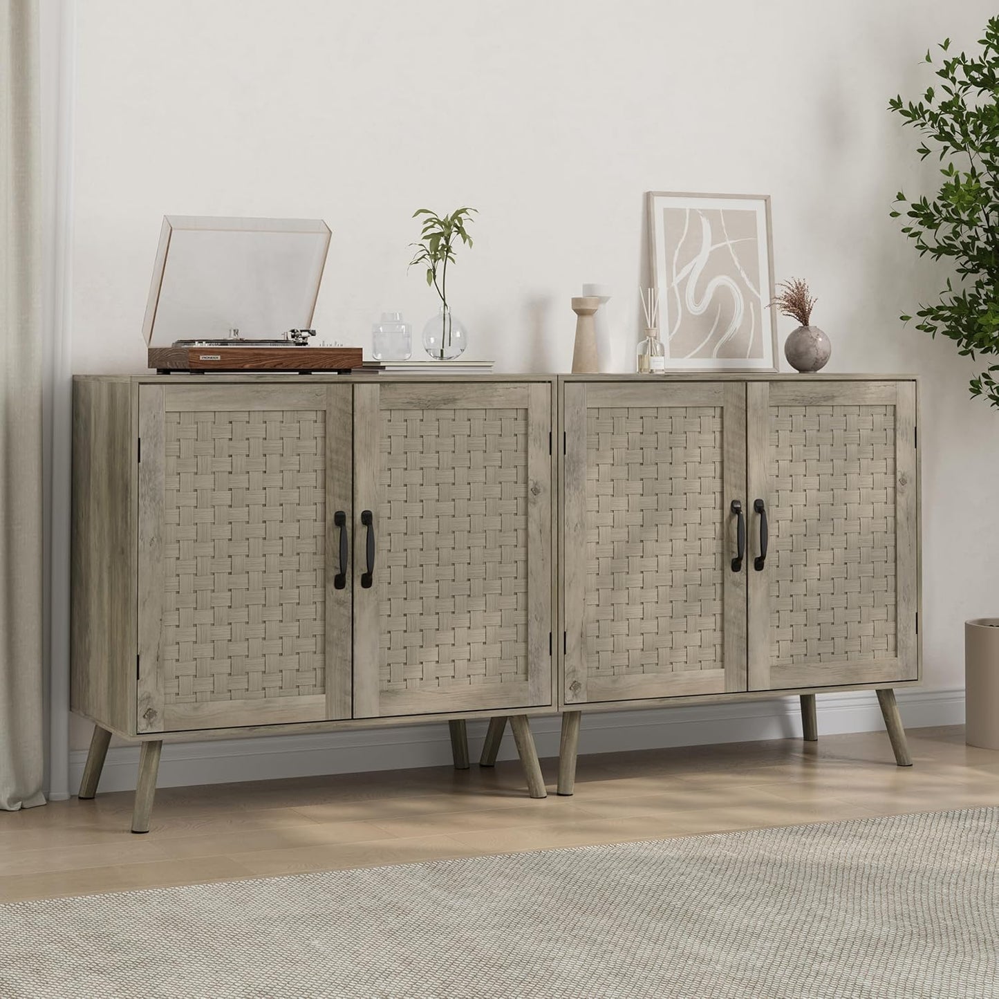Smuxee Wood Sideboard, Freestanding Buffet Cabinet with 2 PVC Rattan Doors, Storage Cabinet with Adjustable Shelf for Living Room, Entryway, Hallway