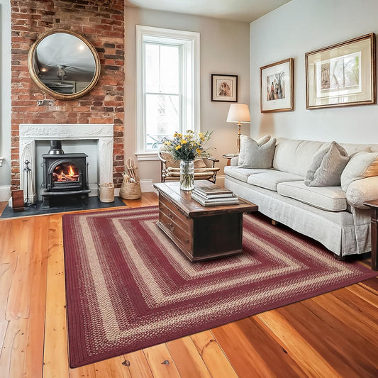 Autumn Maple Burgundy and Tan Braided Area Rug, Jute, 6x9' Rectangle - Rustic Primitive Decor for Dining Room, Living Room, Everywhere