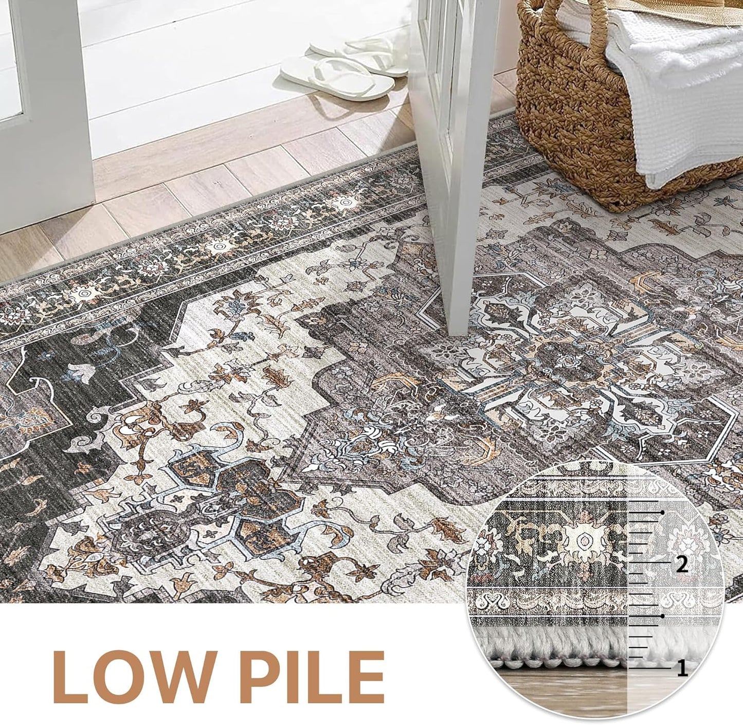 GENIMO 8x10 Area Rugs for Living Room, Machine Washable Non Slip Vintage Rugs, Low Pile Lightweight Chenille Print Rug for Bedroom, Dining Room, Home Office, Slate Gray