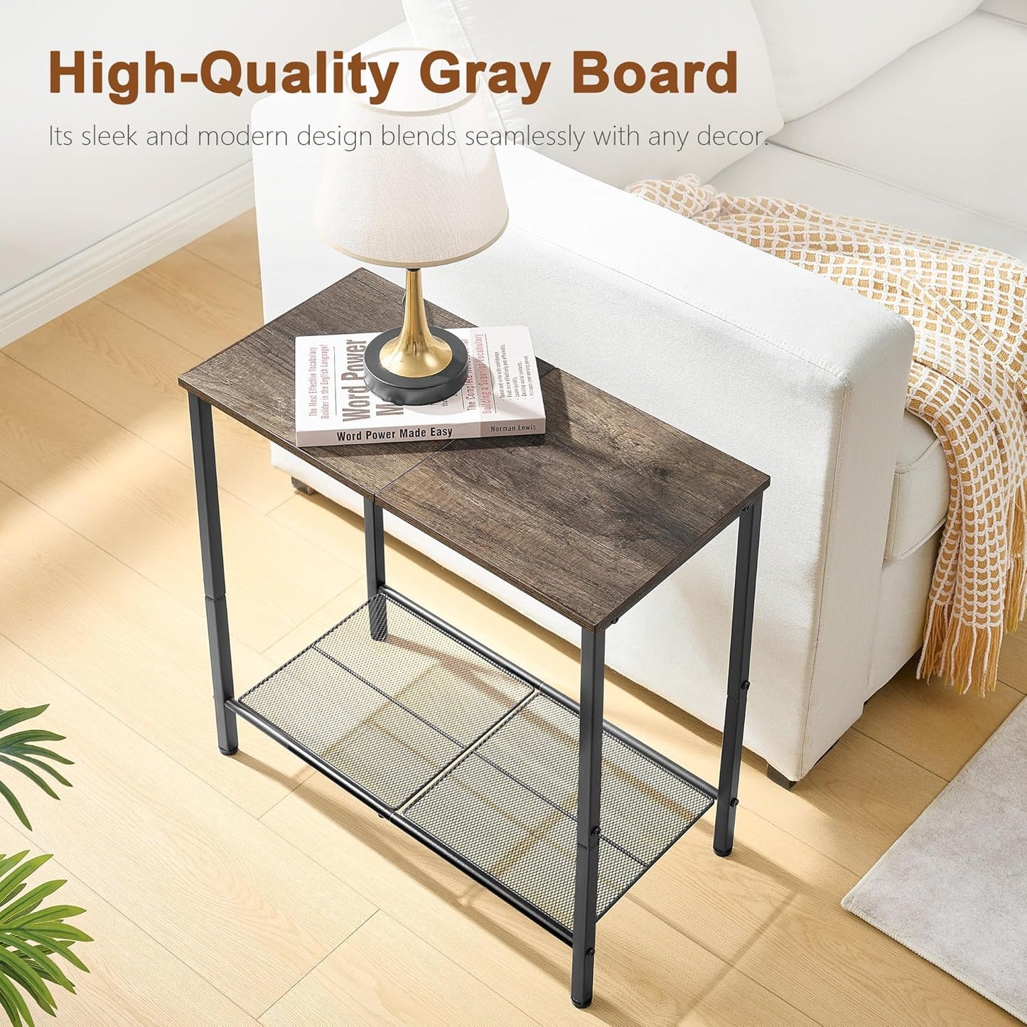 Hoctieon 2 Tier End Table, Sofa Side Table, Narrow Side Table with Storage, Slim Nightstand for Small Spaces, Metal Frame, for Living Room, Bedroom, Sofa Couch, Hall, Grey