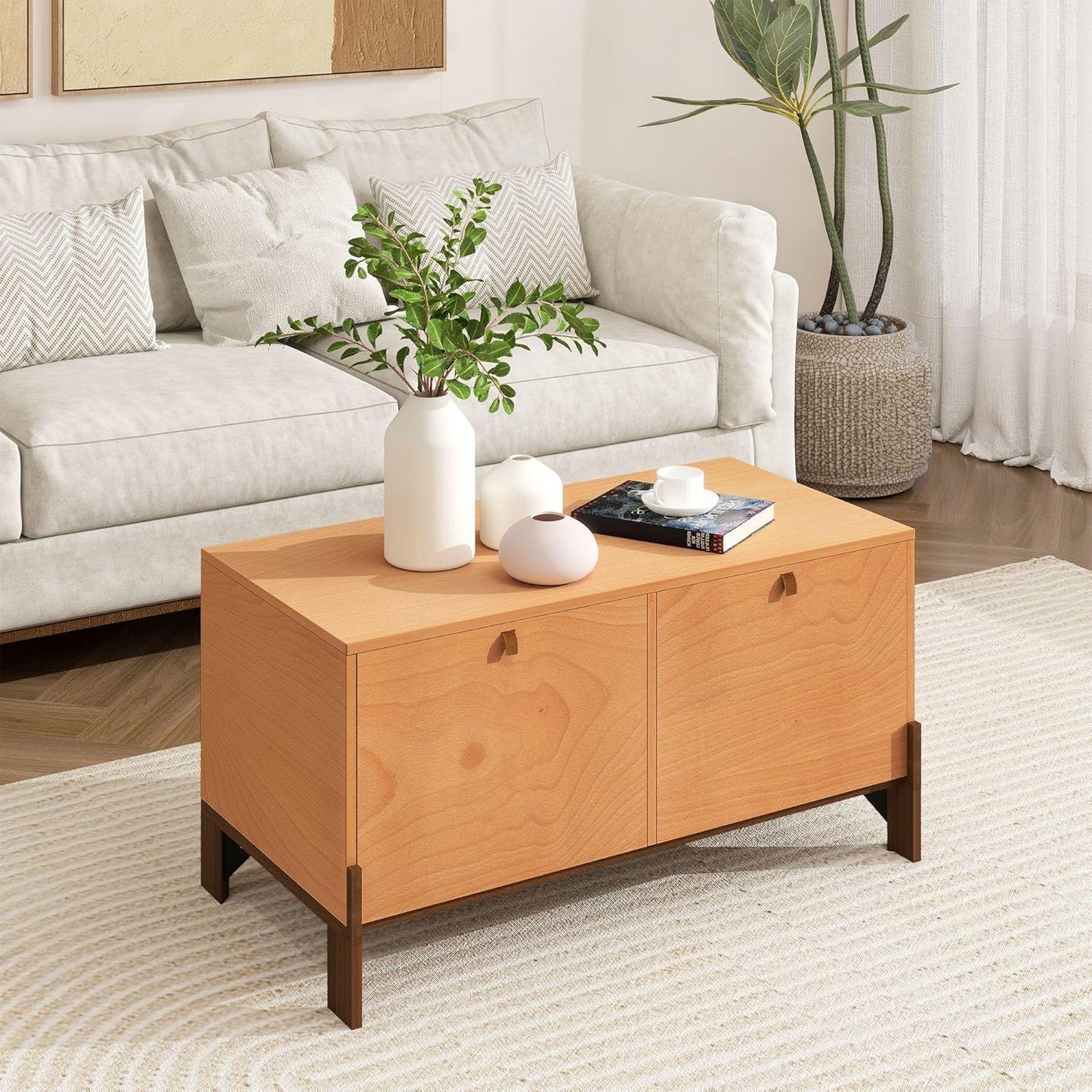 Sebastack Coffee Table, Expandable Entertainment Center and Media Console with Storage and Drawer,Wooden Furniture for Living Room, Bedroom，31 inch Width Basswood Color