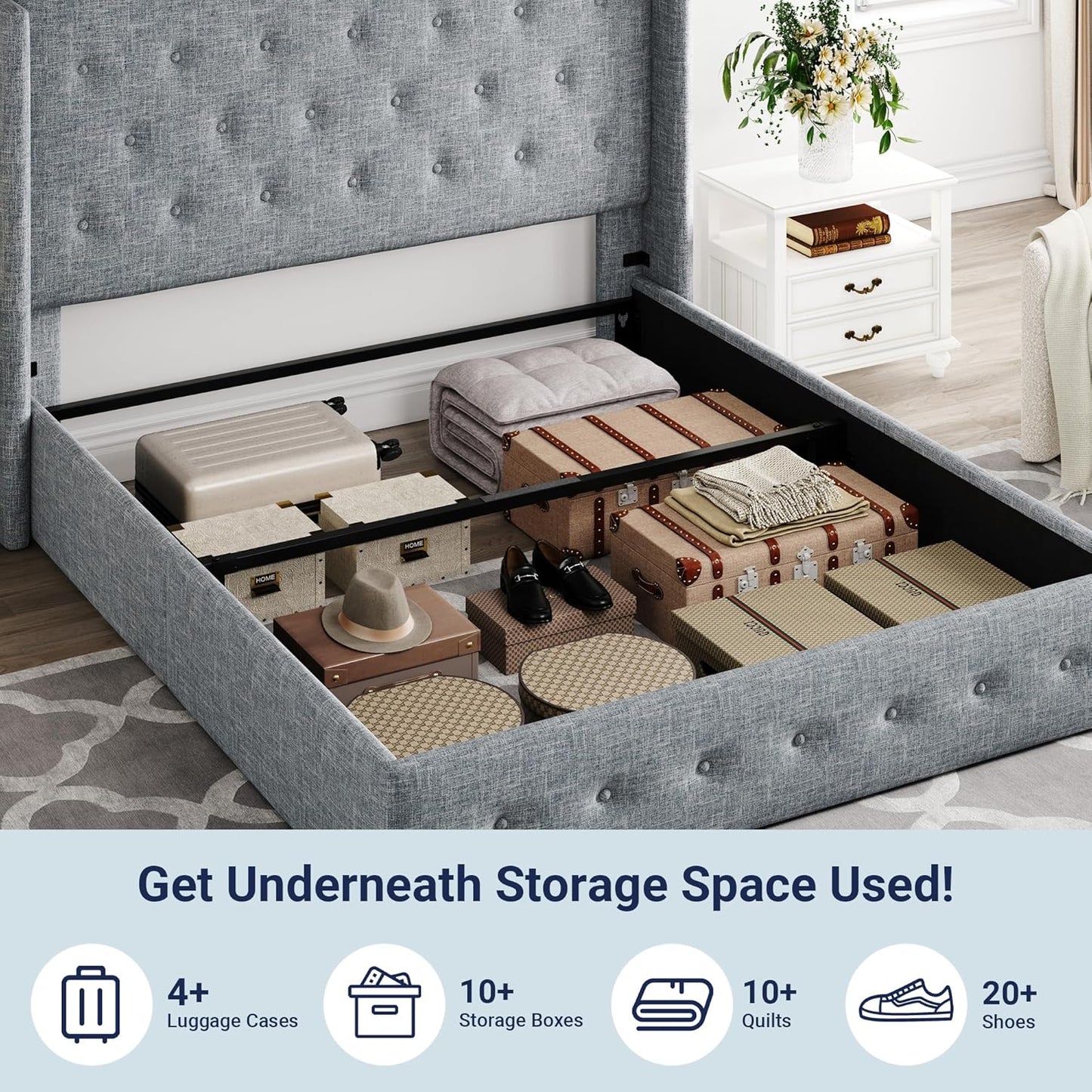 Allewie Queen Size Lift Up Storage Bed, Button Tufted Headboard with Wingback, Hydraulic Support, No Box Spring Needed, Grey Blue