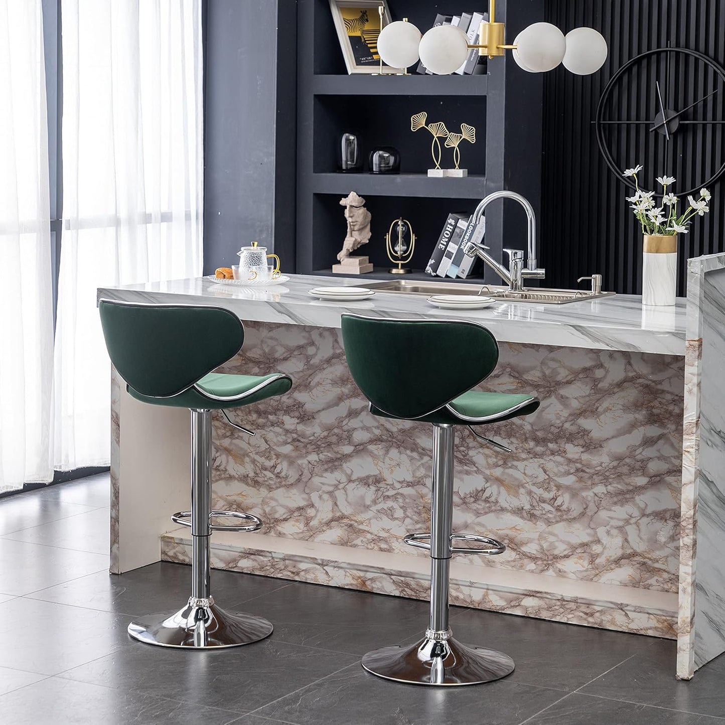 Roundhill Furniture Masaccio Velvet Upholstered Adjustable Swivel Barstool, Set of 2, Green