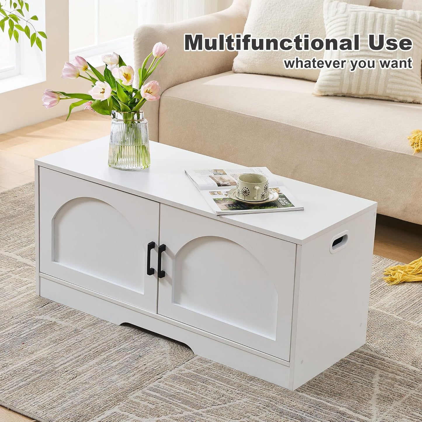 Storage Bench, 39.4" Shoe Bench with Storage, 2 Tier Entryway Bench with 2 Doors, Adjustable Shelf, 39.4" W x 15.8" D x 18.1" H, Holds up to 330lbs for Entryway Living Room Bedroom Hallway, White