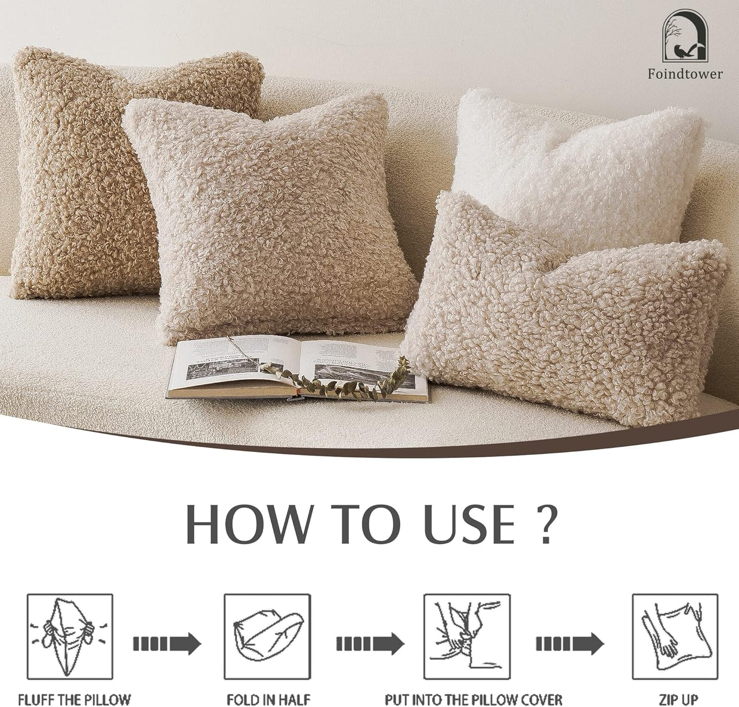 Foindtower 2 Pieces Faux Fur Throw Pillow Cover Decorative Sherpa Pillow Fuzzy Accent Pillowcases Soft Sheepskin Fleece Cushion Case for Bed Couch Living Room 18x18 Inch Neutral Cream