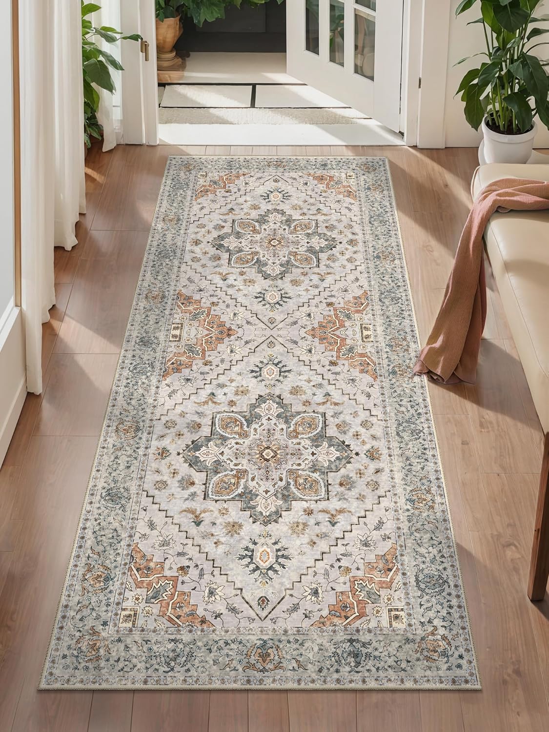 Tangsoo 2x5 Washable Runner Rug for Hallways, Non Slip Vintage Runner, Soft Low Pile Long Rug Runner, Print Distressed Grey Carpet Runners for Kitchen Bedroom Entryway Bathroom Living Room