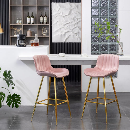Sidanli 29 Inch Bar Stools Set of 2, Pink Counter Stools with Back and Gold Plated Legs, Upholstered Barstools for Bar, Living Room, Kitchen Counter, Farmhouse