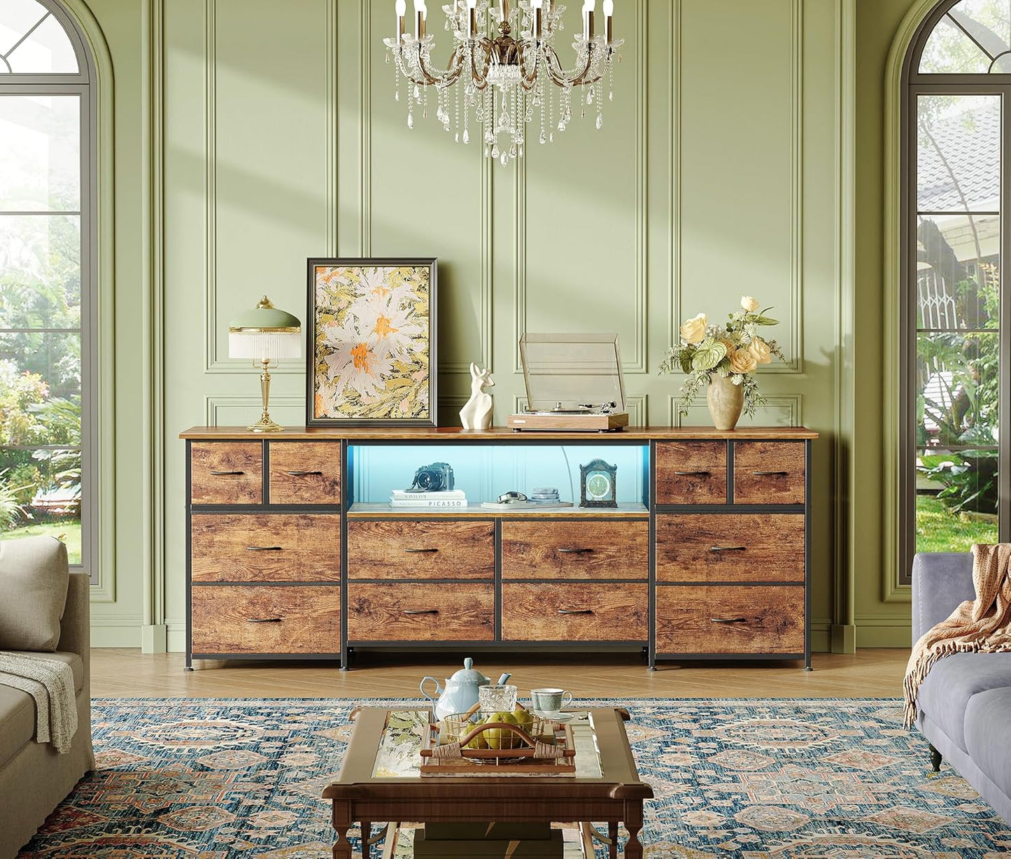 Huuger 63 Inch Dresser TV Stand with LED Lights, Power Outlets and USB-C Port, 12 Fabric Drawer Dresser for Bedroom, Entertainment Center for 65, 70 Inch TV, Media Console, Open Shelf, Rustic Brown