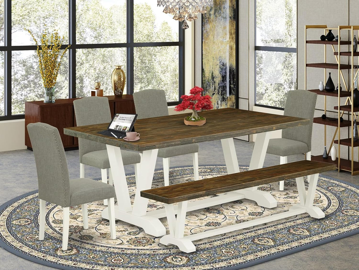 East West Furniture V077EN206-6 6 Piece Dinette Set Contains a Rectangle Dining Table with V-Legs and 4 Dark Shitake Linen Fabric Parson Chairs with a Bench, 40x72 Inch, Multi-Color