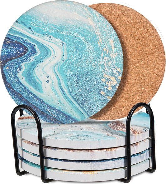 6-Pcs 4'' Ceramic Marble Style Trivet with Holder, Absorbent Trivets for Hot Dishes, Cork Bottom Anti-Slip Trivet Mats for Hot Pots and Pans