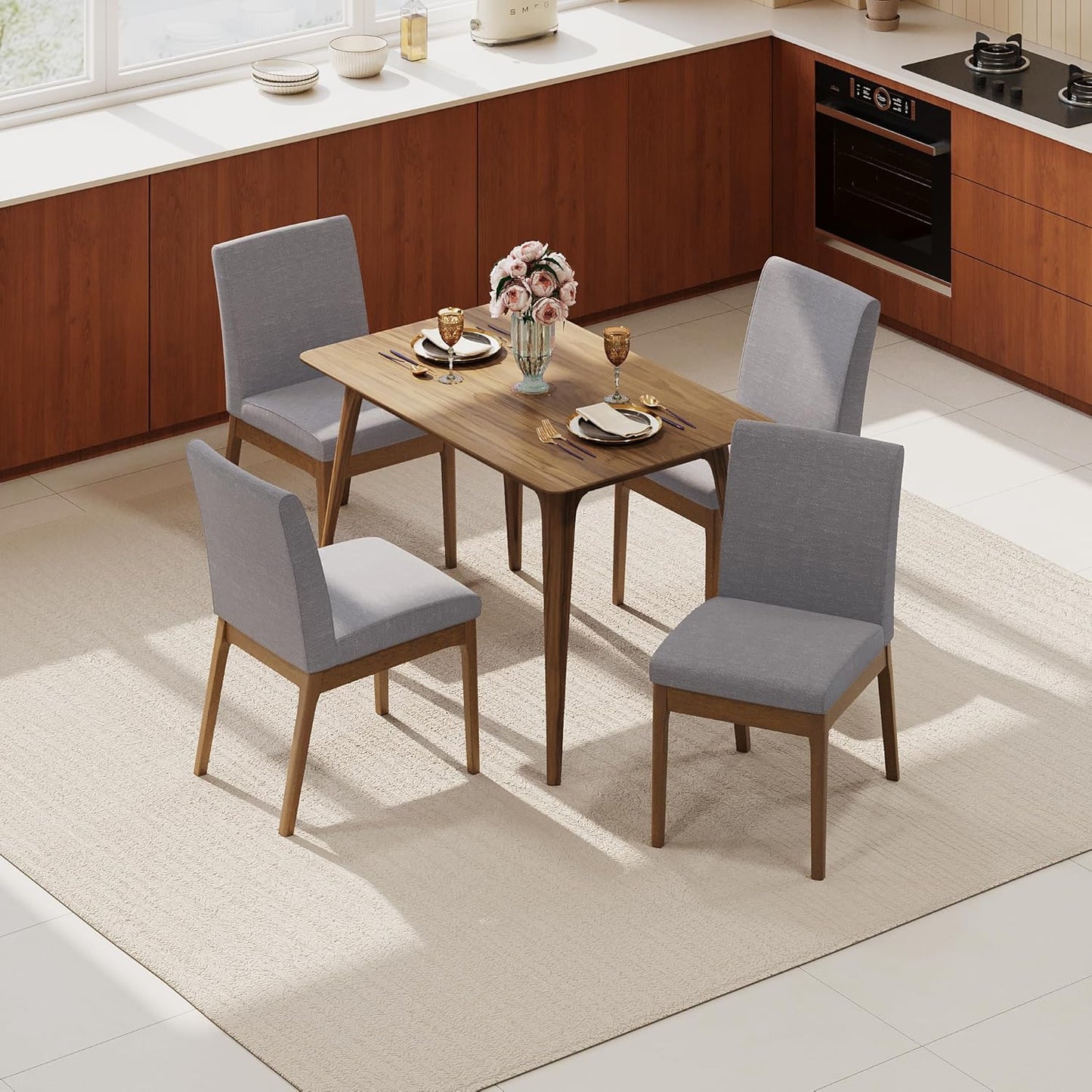 Dining Table Set for 4, Solid Rubberwood Upholstered Chairs, Mid-Century Modern Kitchen Furniture for Home, Dining/Living Room, Walnut+Gray