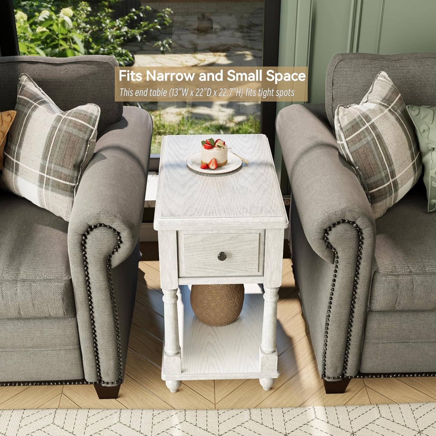 Narrow End Table with Drawer and Open Storage Shelf, Solid Wood Sofa Side Table for Living Room, Beside Table,Telephone Table for Small Spaces,No-Tools Assembly Vintage White BBJ004RW