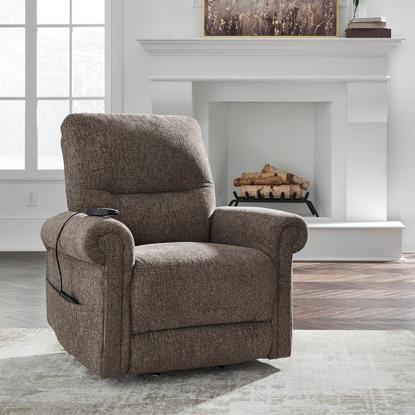 Signature Design by Ashley Aureta Classic Stain Resistant Power Lift Recliner with Side Pocket, Heat and Massage, Dark Brown