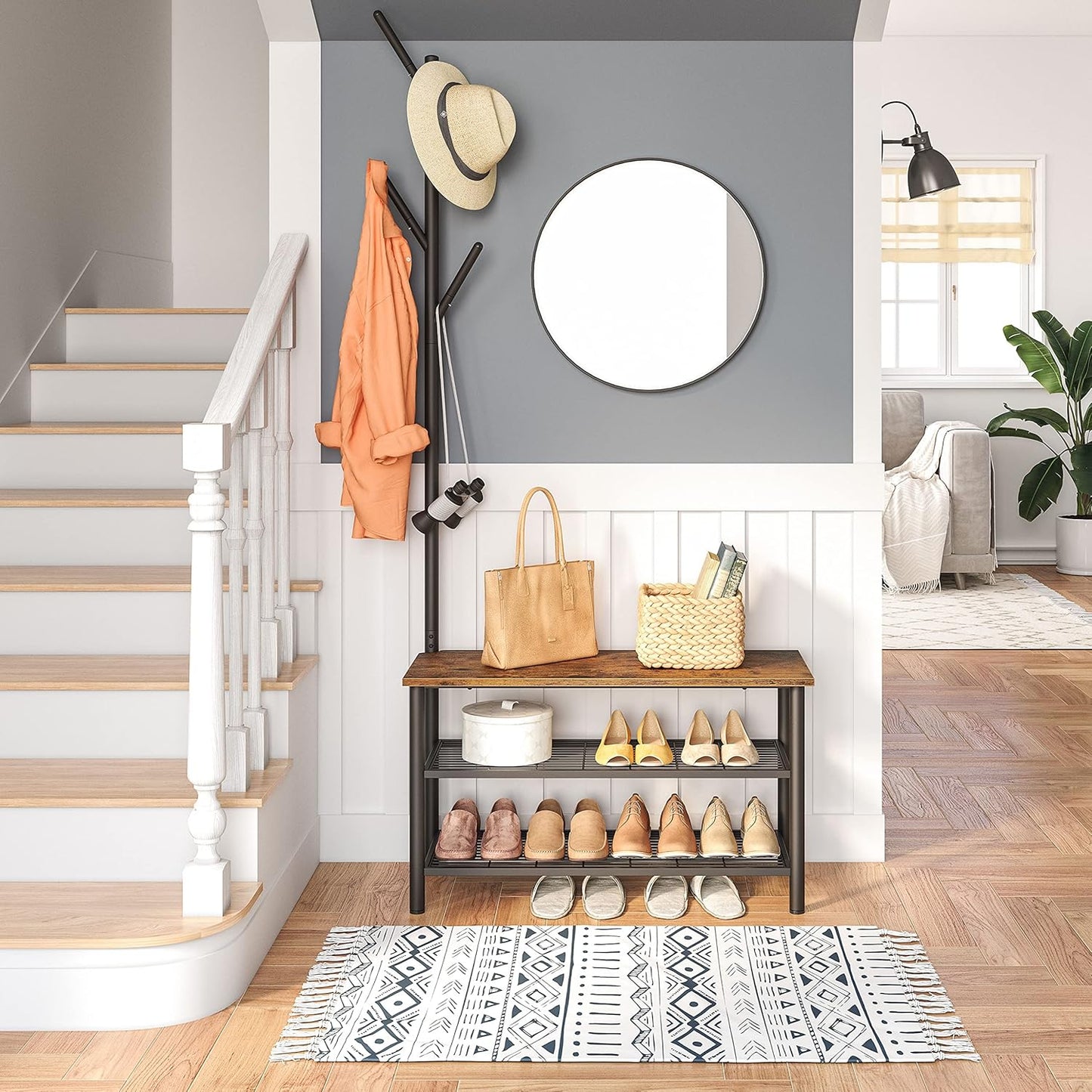 HOOBRO Coat Rack Shoe Bench, 3-Tier Shoe Rack, Industrial Shoe Organizer Storage Bench, Entry Bench with Mesh Shelves, for Entryway, Living Room, Hallway, Easy Assembly, Rustic Brown BF12HX01