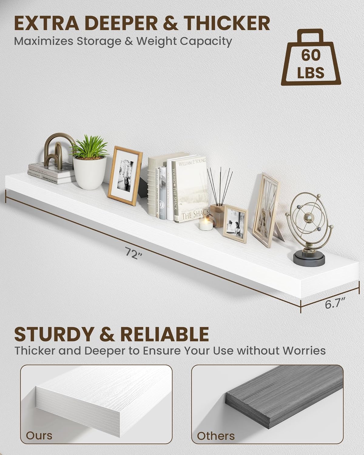 Marsmiles 72" Floating Shelves for Wall, Wooden Shelves with Invisible Brackets Set of 2, Rustic Farmhouse Wall Mounted Shelf for Kitchen Bathroom Living Room Study, White