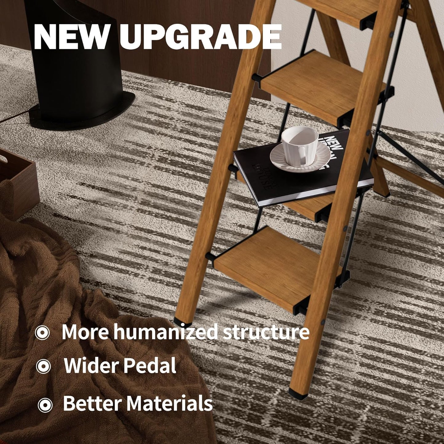 4 Step Ladder,Lightweight Folding Step Stool with Aluminum Wide Pedal& Convenient Handgrip,330lbs Capacity Steel Ladder for Household and Office(Woodgrain)