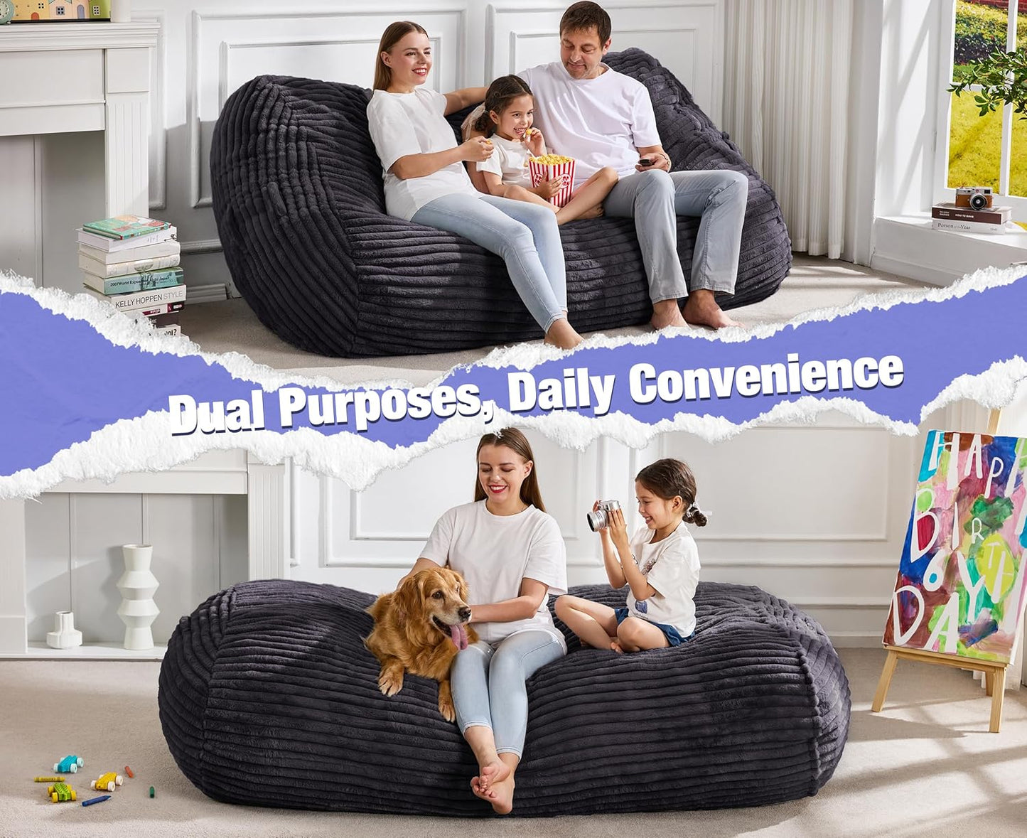 Hobestluk 6FT Bean Bag Chairs Adult Bean Bag with Portable Handle Comfy Large Bean Bag Lounge Chair with Removable Cover for Living Room Bedroom (Stripe Dark Grey, 6FT)