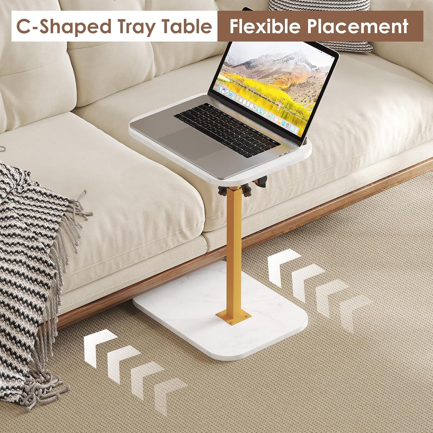 Sofa Couch Arm Table Tv Tray Small Bed Stand C Shaped Side End Tables for Living Room, Bedroom, Marble