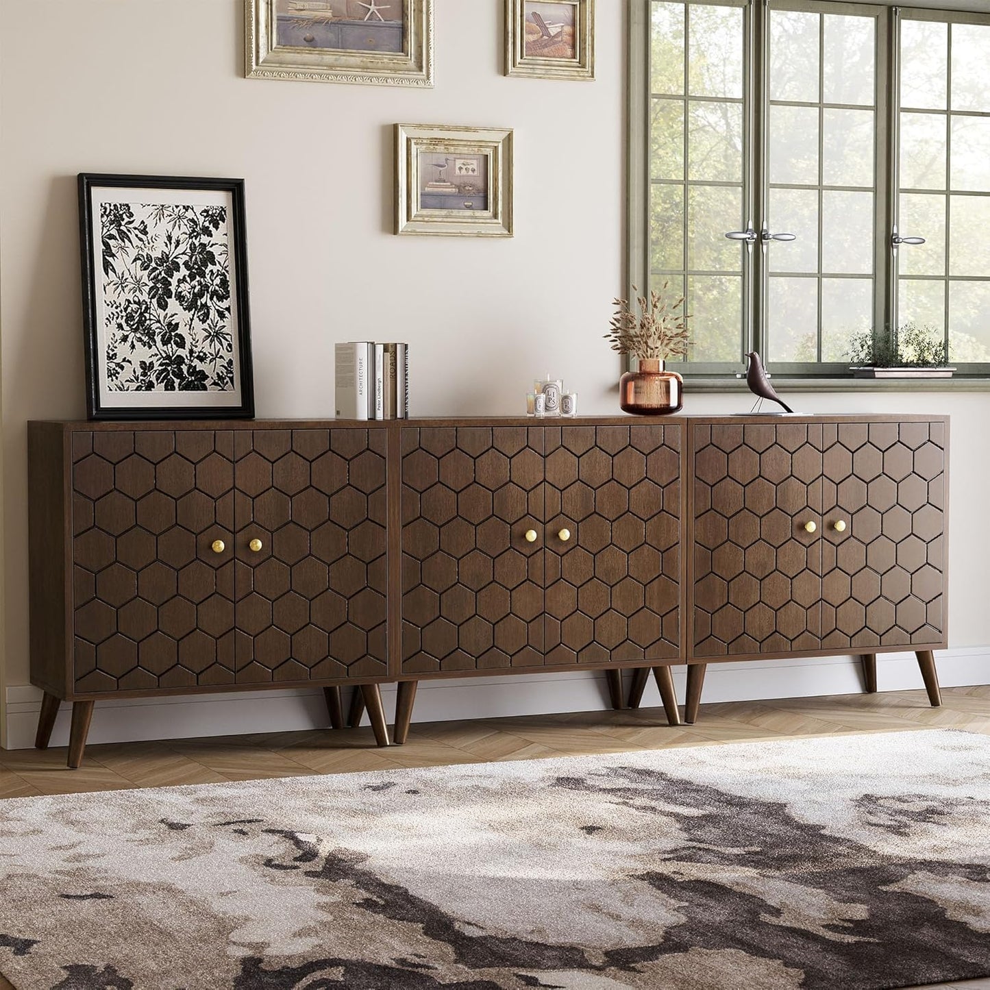 COSIEST Set of 3 32" Storage Sideboards with Doors, Accent Cabinets with Magnetic Push-to-Open Doors, Brown Honeycomb Pattern, Entryway Console for Living Room, Kitchen, Hallway