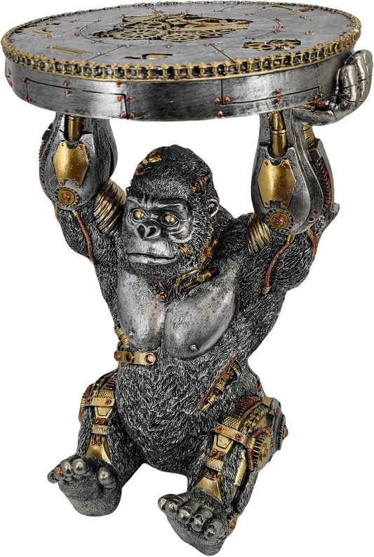 Steampunk Gorilla Side Table Pedestal End Table Stool Resin Cyborg Monkey Sci-fi Statue Sculpture Hand Painted Collectible Figurine with Cool Gear for Home Man Cave Decor Silver