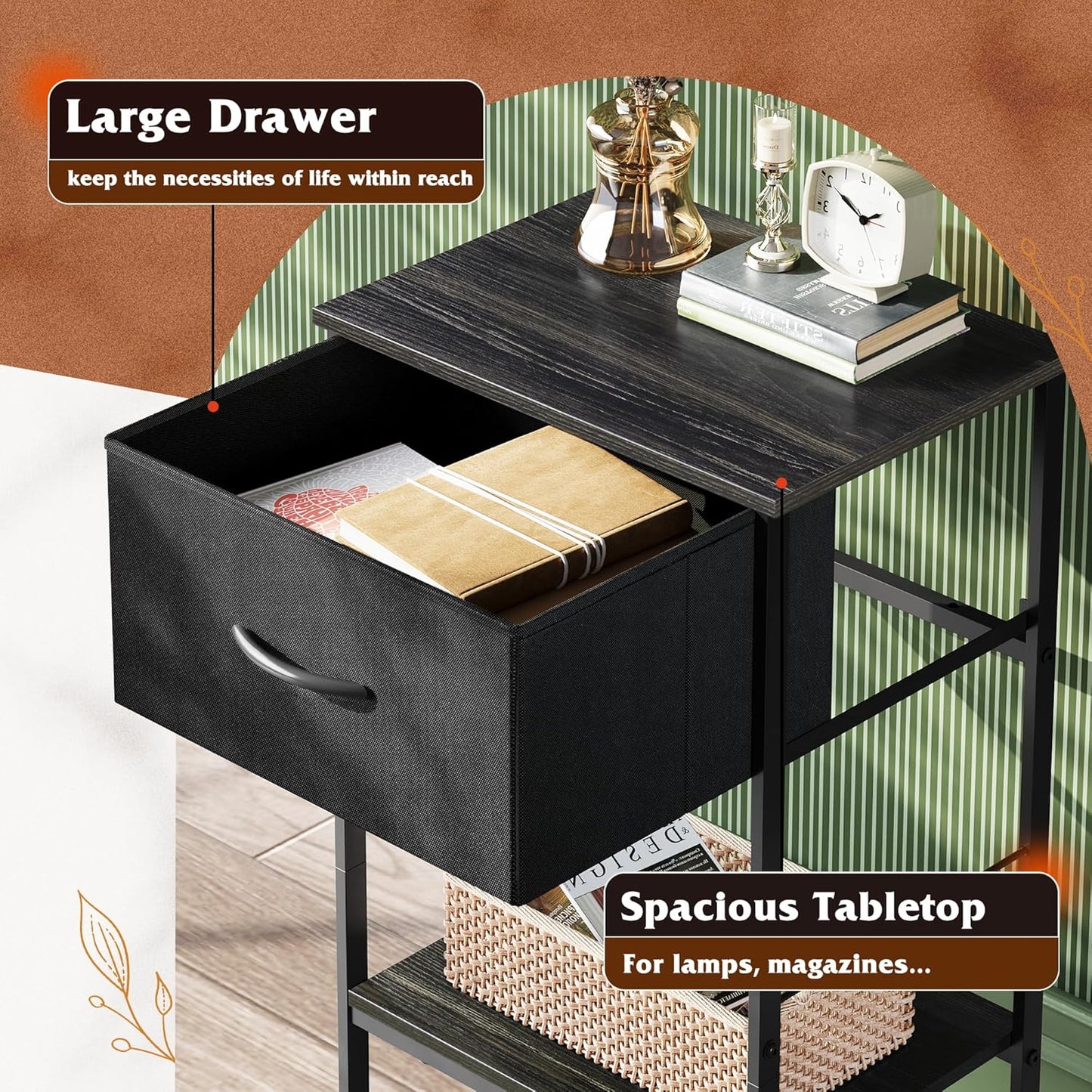 WLIVE Black Nightstand, Bedside Table with Fabric Storage Drawer, Open Wood Shelf, Night Stand for Bedroom Furniture, End Table for Dorm, Entryway, 25.03" Height