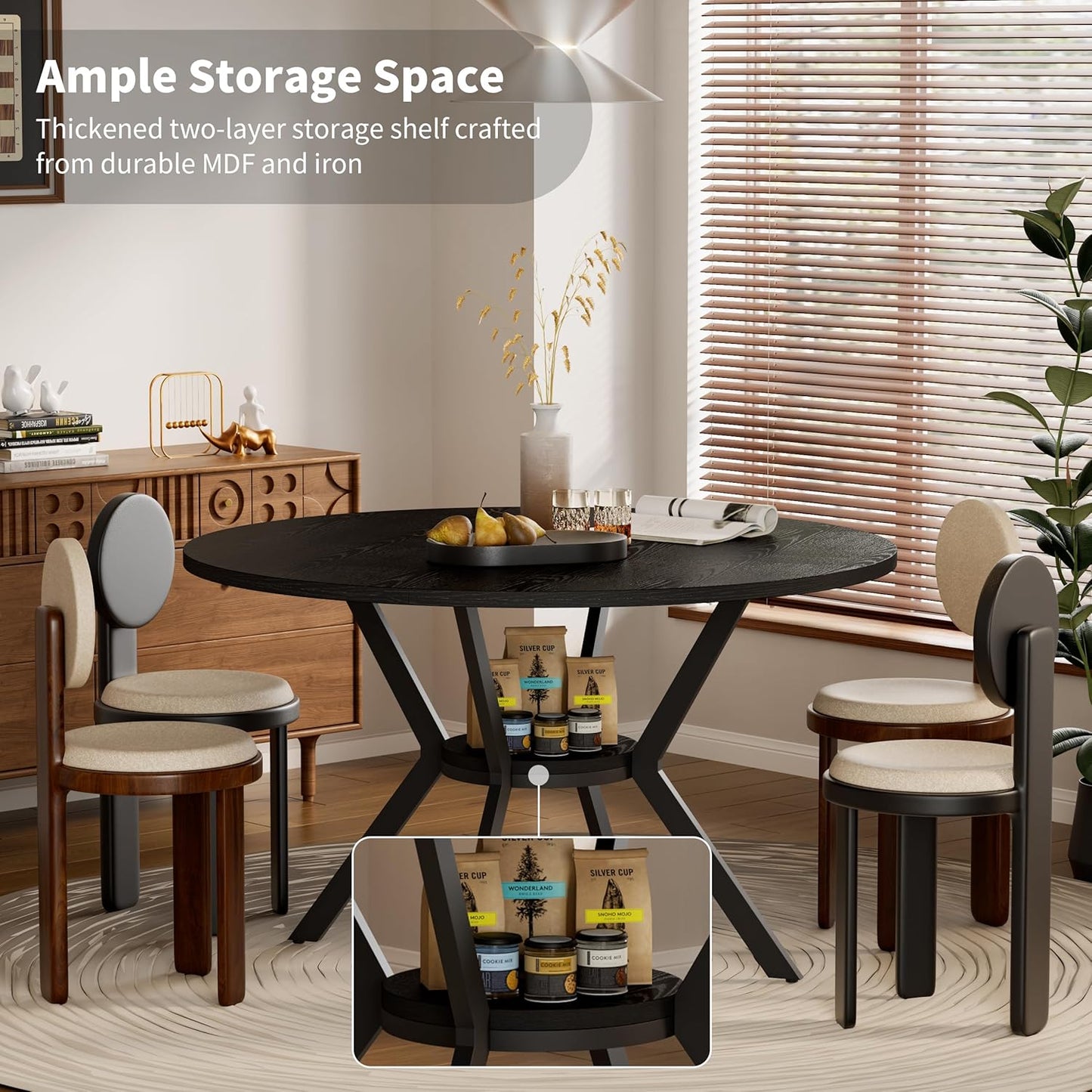 Black Dining Table for 4, 42 Inch Round Kitchen Table with Storage, Wooden Circle Dinner Table with Metal Legs, Rustic Mid Century Modern Dining Room Tables for Kitchen, Living Room, Dining Room