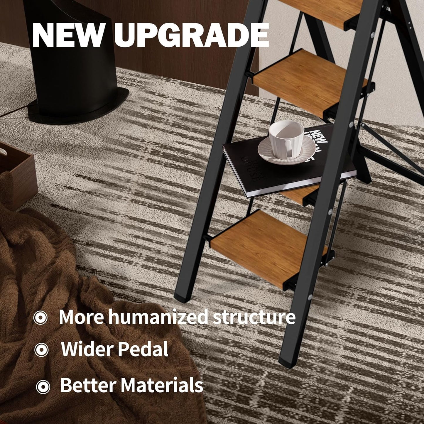4 Step Ladder,Lightweight Folding Step Stool with Aluminum Wide Pedal& Convenient Handgrip,330lbs Capacity Steel Ladder for Household and Office(Black &Woodgrain)