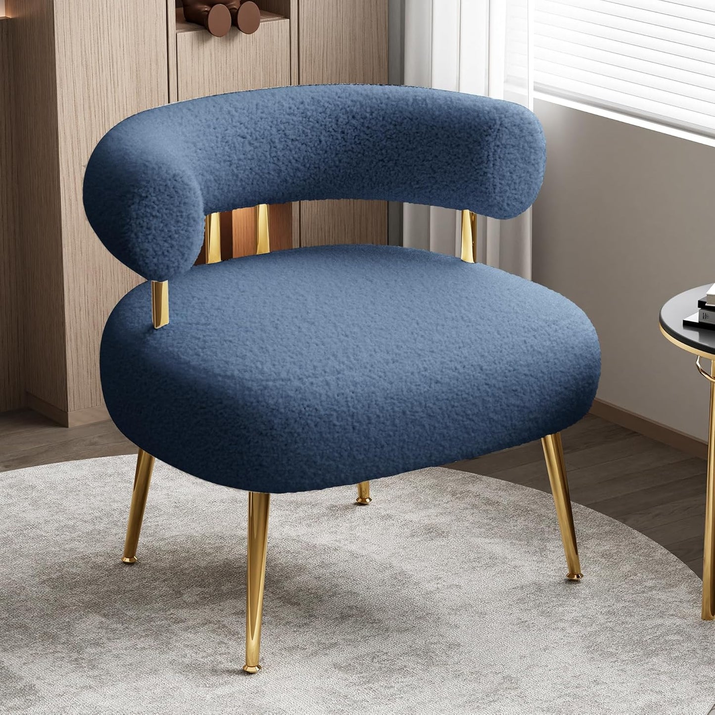 Mid Century Sherpa Boucle Accent Chair, Round Upholstered Barrel Arm Chair for Small Spaces, Fluffy Side Corner Sofa Chair for Living Room, Bedroom, Vanity, Office, Reading Nook(Navy Blue)