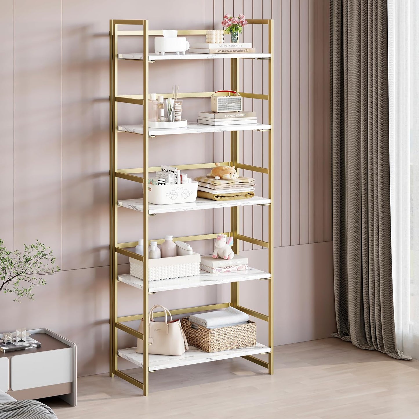 BHG No Assembly Folding Bookshelf for Living Room, 5 Tier Gold Collapsible Book Shelf for Home Office, Portable Bookcase Storage Organizer