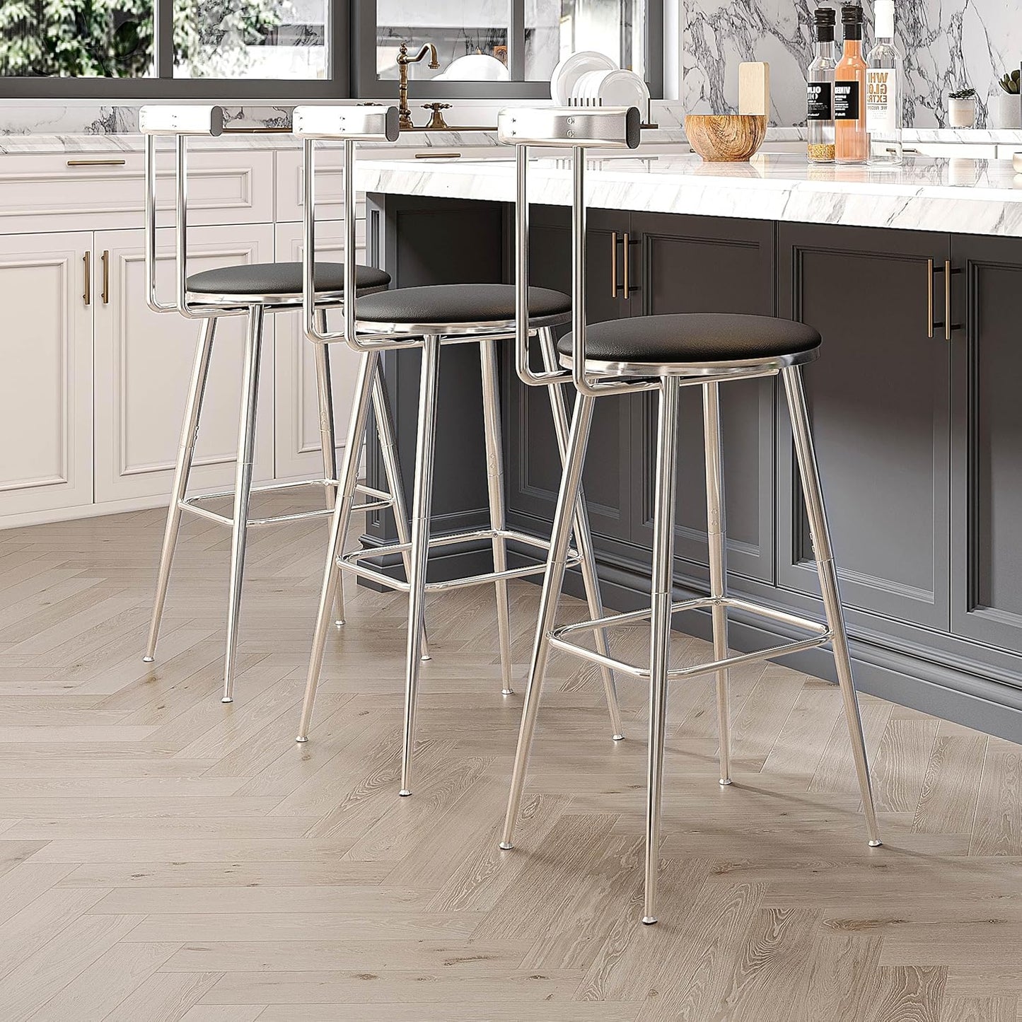 Bar Stools, Set of 2 High Kitchen Barstools, Bar Chairs with Backrest and Footrest, Industrial Counter Stools with PU Soft seat, for Kitchen, Living Room, Pub, Silvery BS-011SI