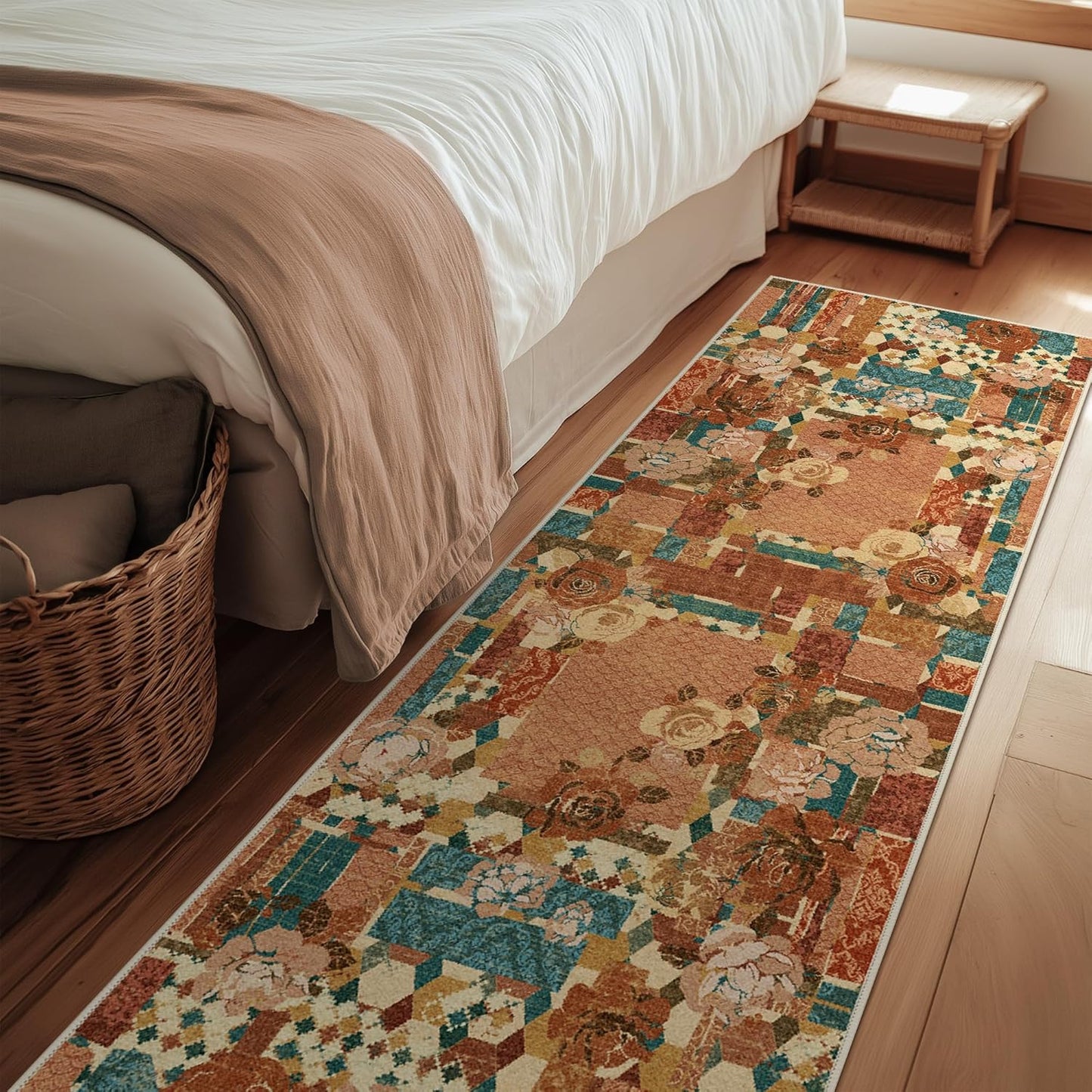 GENIMO Floral Runner Rug 2X6, Machine Washable Non Slip Vintage Patchwork Hallway Runner, Ultra-Thin Low Pile Runners for Indoor Entryway, Hallway, Kitchen and Corridor,Rose Red