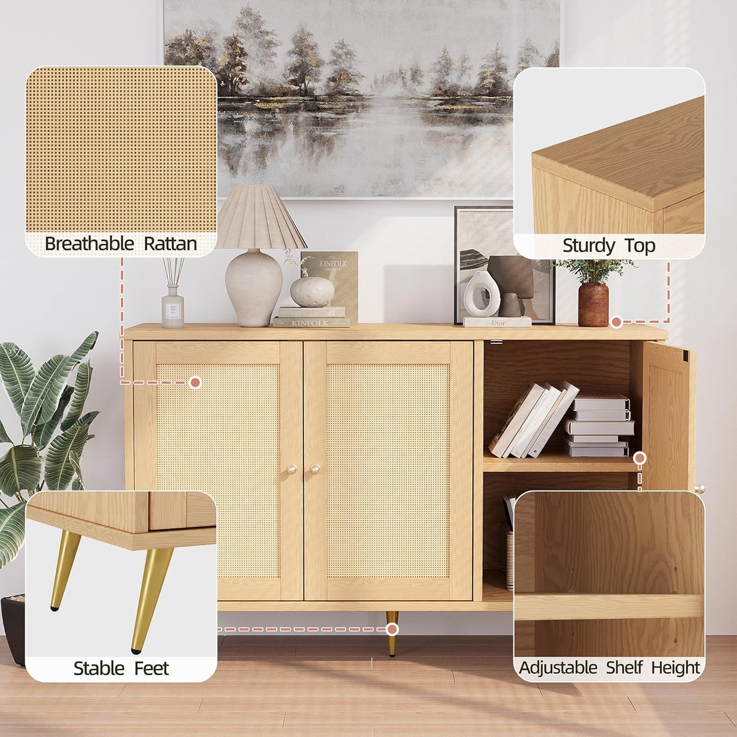 Shintenchi Large Rattan Storage Cabinet, Modern Sideboard Cabinet, Accent Large Storage Space Cabinet with Rattan Decorated Doors for Living Room, Dining Room