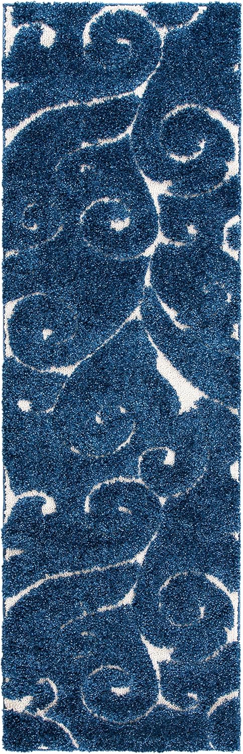 SAFAVIEH Florida Shag Collection Runner Rug - 2'3" x 11', Dark Blue & Cream, Scroll Design, Non-Shedding & Easy Care, 1.2-inch Thick Ideal for High Traffic Areas in Living Room, Bedroom (SG455-6511)