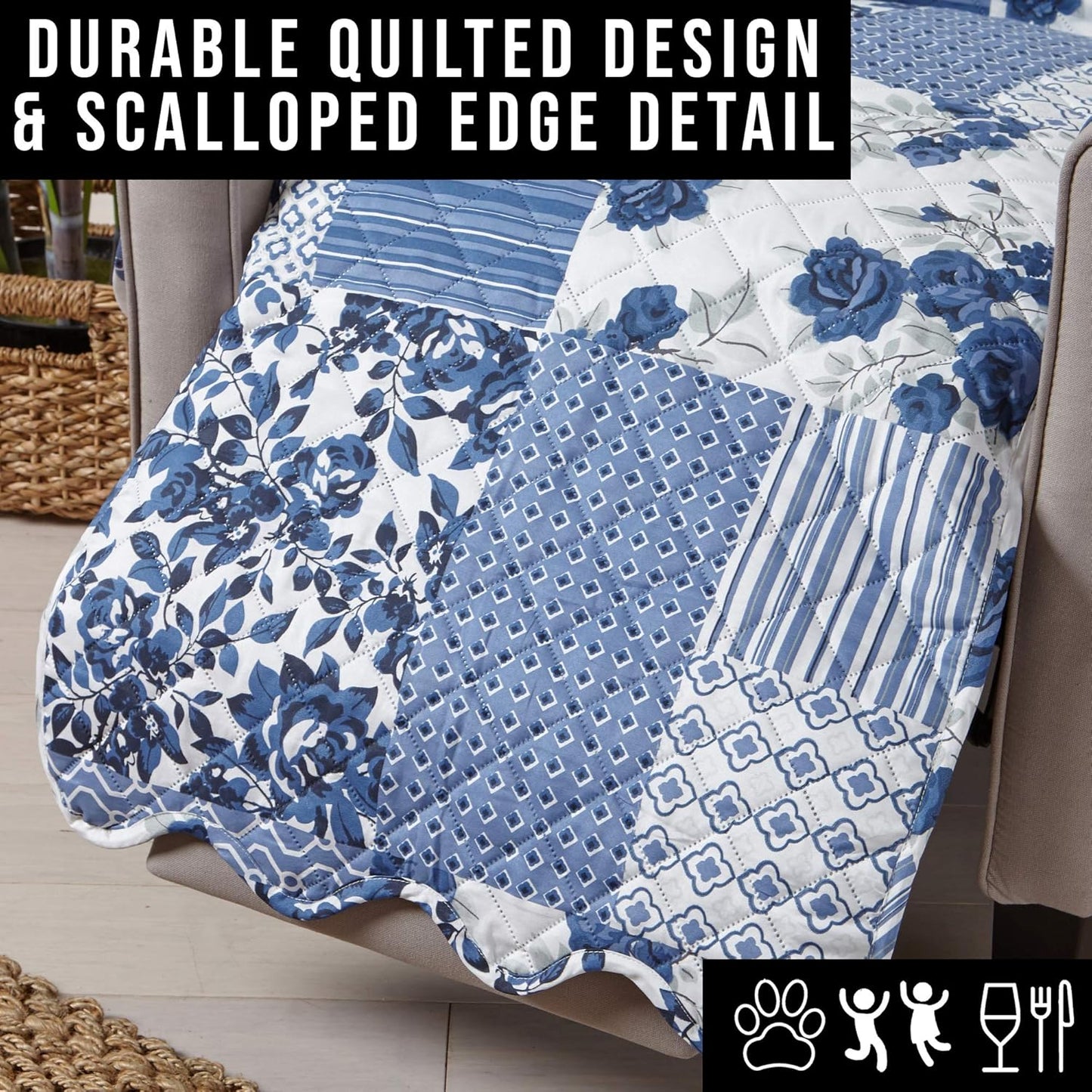 Great Bay Home Patchwork Scalloped Printed Furniture Protector Stain Resistant Recliner Cover (Recliner, Navy)