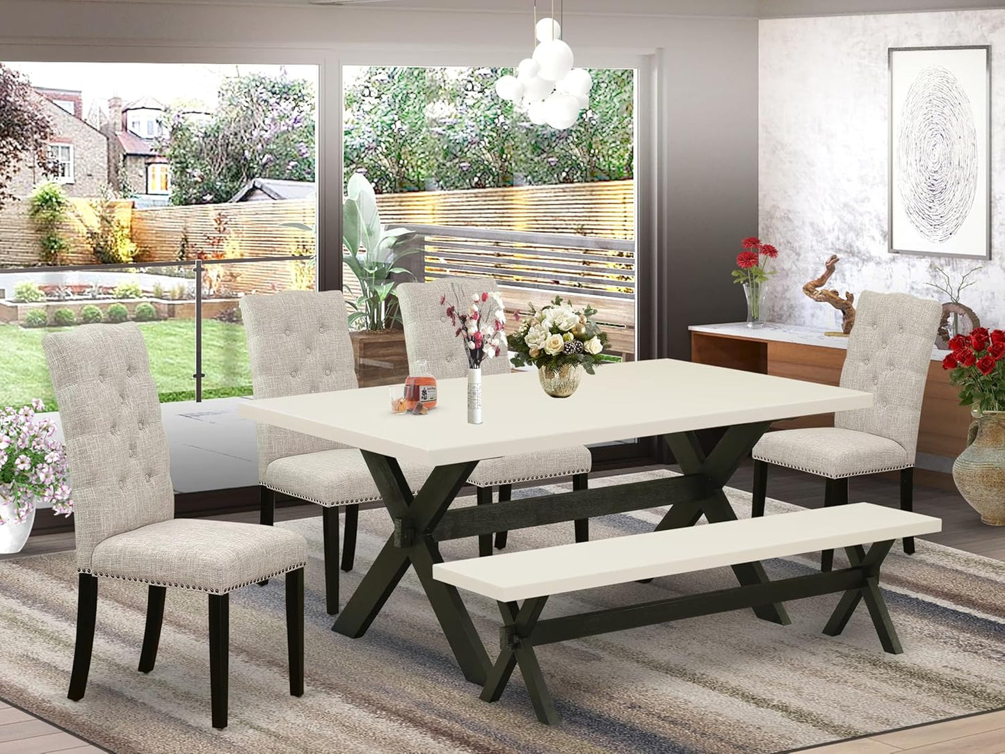 East West Furniture X627EL635-6 6 Piece Dining Table Set Contains a Rectangle Dining Room Table with X-Legs and 4 Doeskin Linen Fabric Parson Chairs with a Bench, 40x72 Inch, Multi-Color