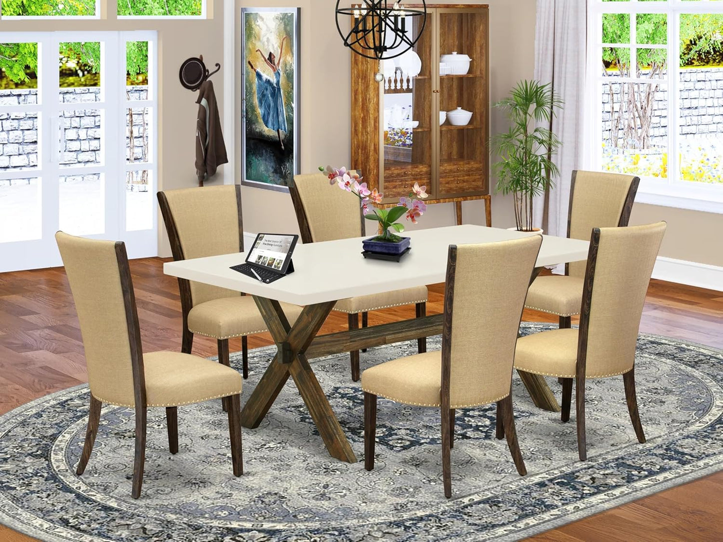 East West Furniture X727VE703-7 7 Piece Modern Dining Table Set Consist of a Rectangle Wooden Table with X-Legs and 6 Brown Linen Fabric Upholstered Parson Chairs, 40x72 Inch, Multi-Color