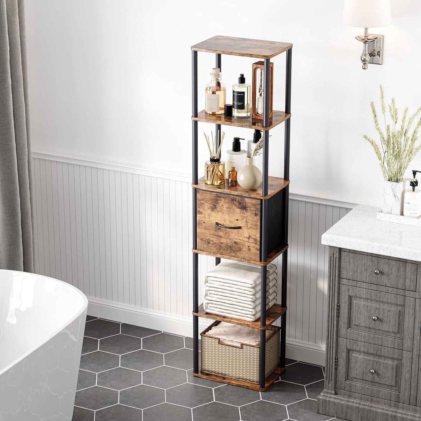 6-Tier Bookshelf with Drawer,Narrow Bookshelves Organizer,Floor Standing Ladder Shelf,Tall Bookcase for Small Space,Book shelf with Storage for Living Room, Bedroom, Office, Study Rustic Brown HBC505R