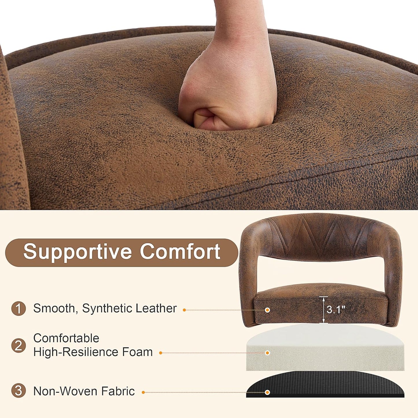 VECELO Bar Stools Set of 2 Adjustable Swivel Modern Pu Leather Barstools, Counter Bar Stools with Back and Arms, for Kitchen, Bar (Dark Brown)