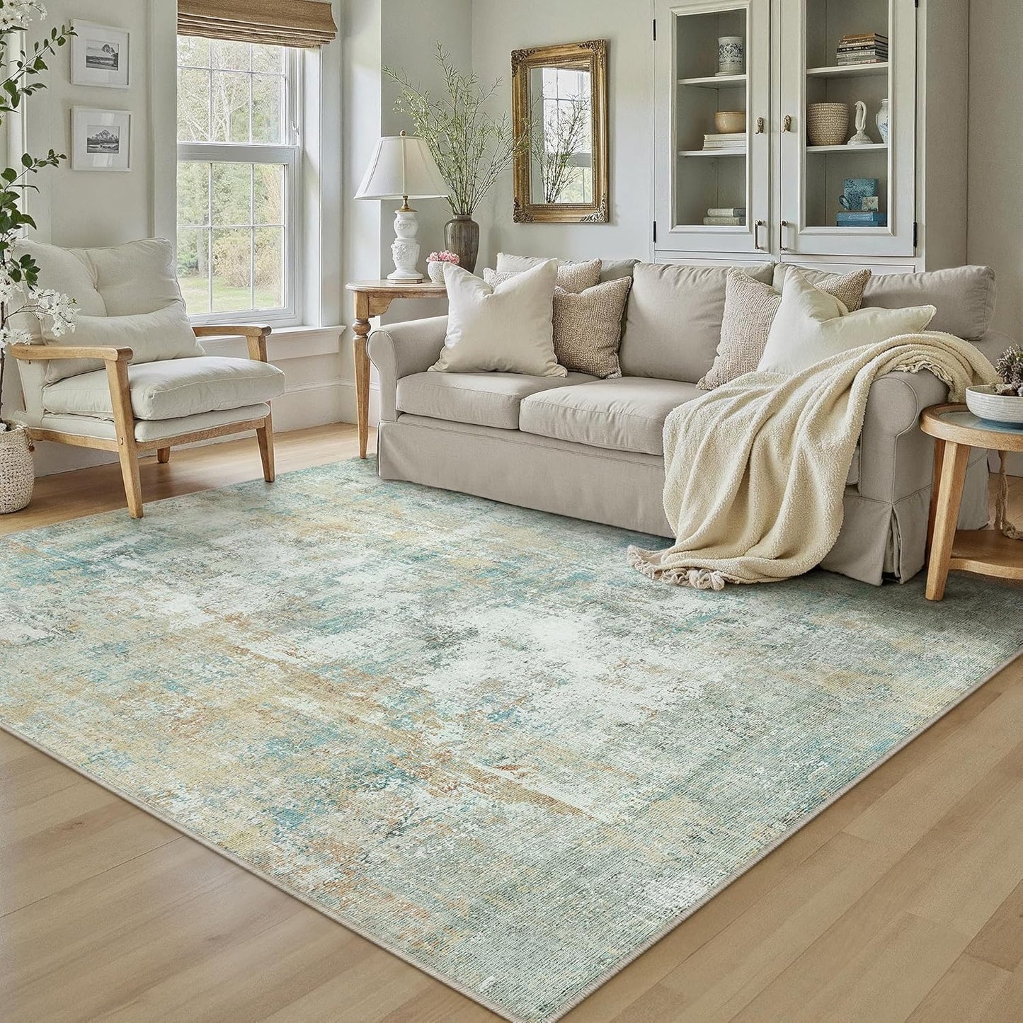 6x9 Washable Area Rug Teal Beige Modern Neutral Abstract Living Room Bedroom Indoor Floor Carpet Low Pile Soft Non-Slip Lightweight Vacuumable Throw Rug for Nursery Dining Room Office