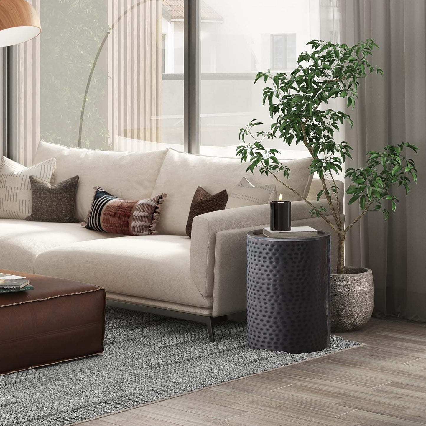 SIMPLIHOME Corbin 16 inch Wide Metal Side Table in Hammered Antique Copper, Round Drum Design End Table for Living Room, Family Room, or Entryway, Industrial Style, Assembled